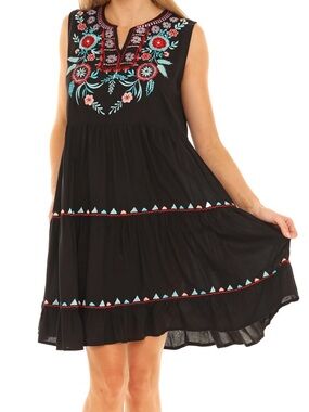 Black Sleeveless Mini Dress with Floral Embroidery